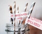 Straw Flags in Damask and stripe for girl baby shower-Digital File