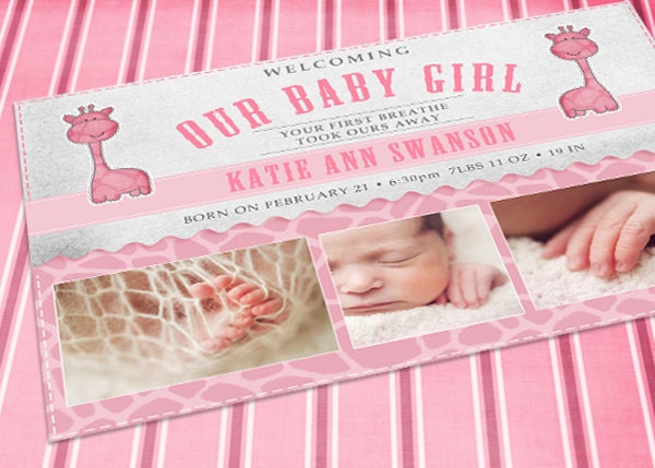 Pink Giraffe Birth Announcements