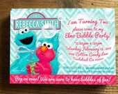 Pink Girly Bubble Elmo and turquoise Cookie Monster with chevron Invitation