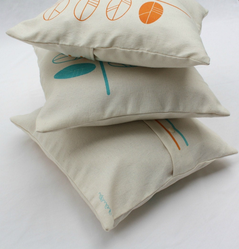 Screen printed CUSHION COVERS - Spring colors throw pillow - Orange and turquoise leaves