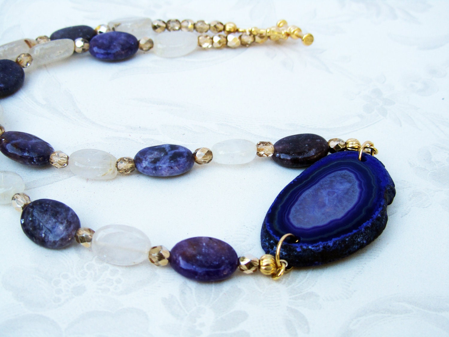 Purple sliced agate beaded lepidolite and quartz boho necklace