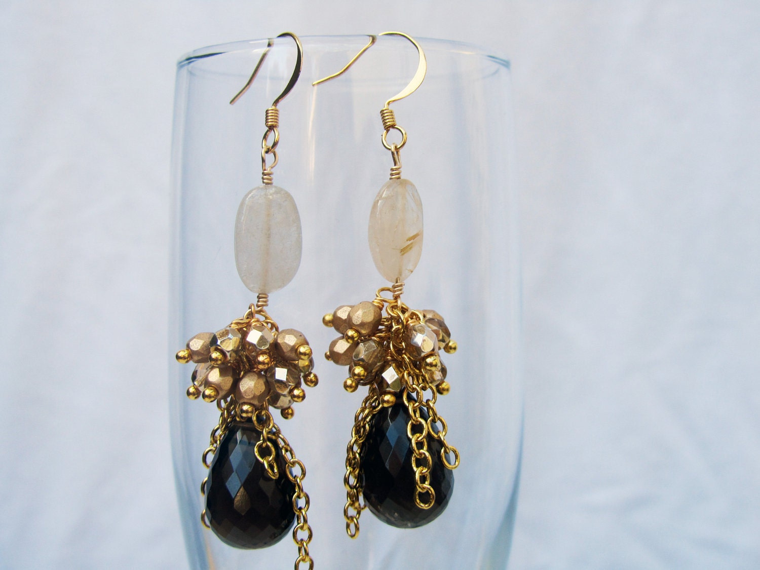 Smoky quartz, natural quartz and gold beaded boho earrings