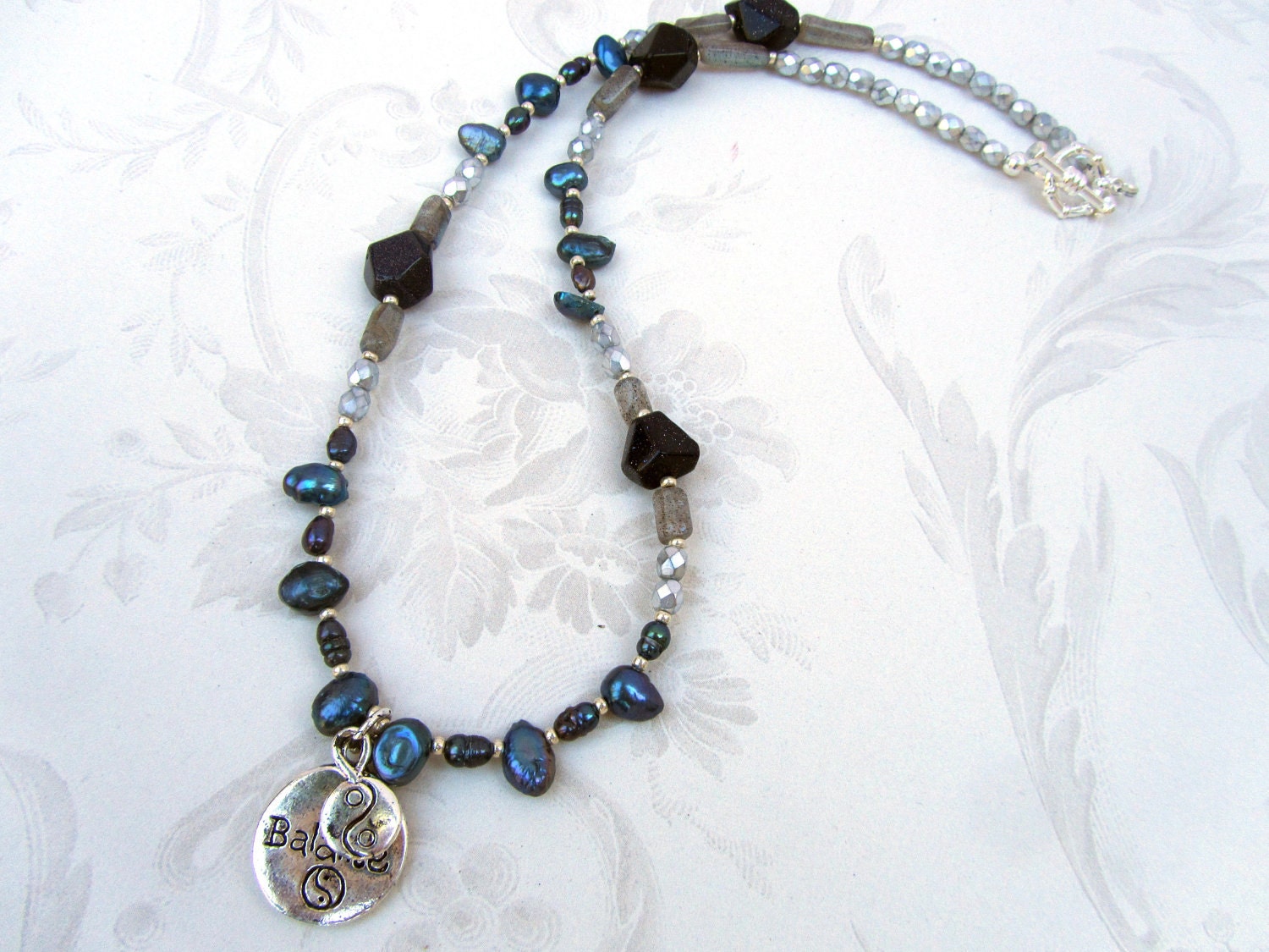 Boho beaded ying yang balance necklace with blue pearls, goldstone and labradorite beads