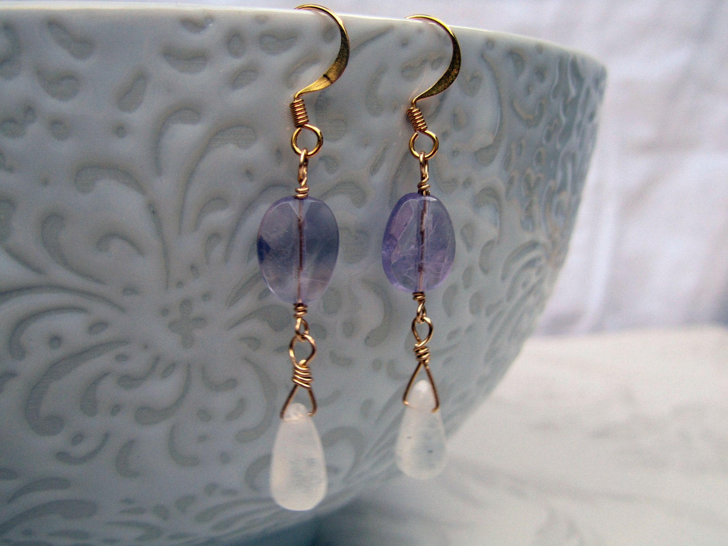 Amethyst and moonstone romantic boho drop earrings