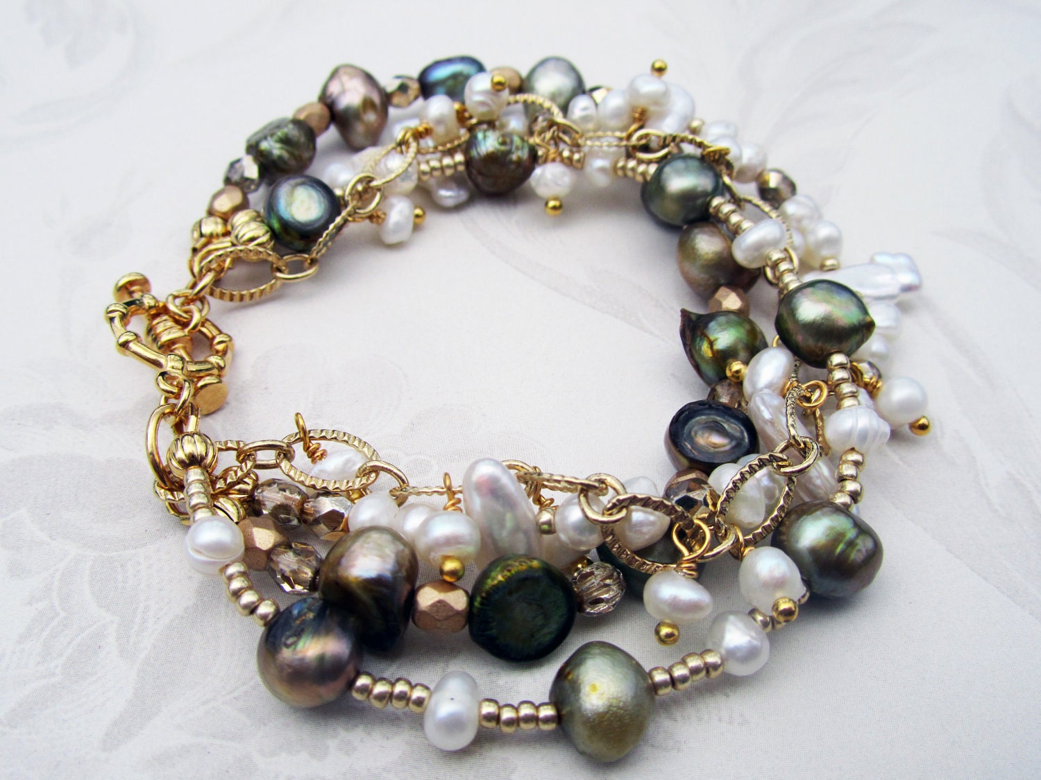 Beachy boho freshwater pearl and gold beaded multi strand bracelet