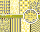 Yellow and Grey Damask Digital Scrapbooking Paper Set