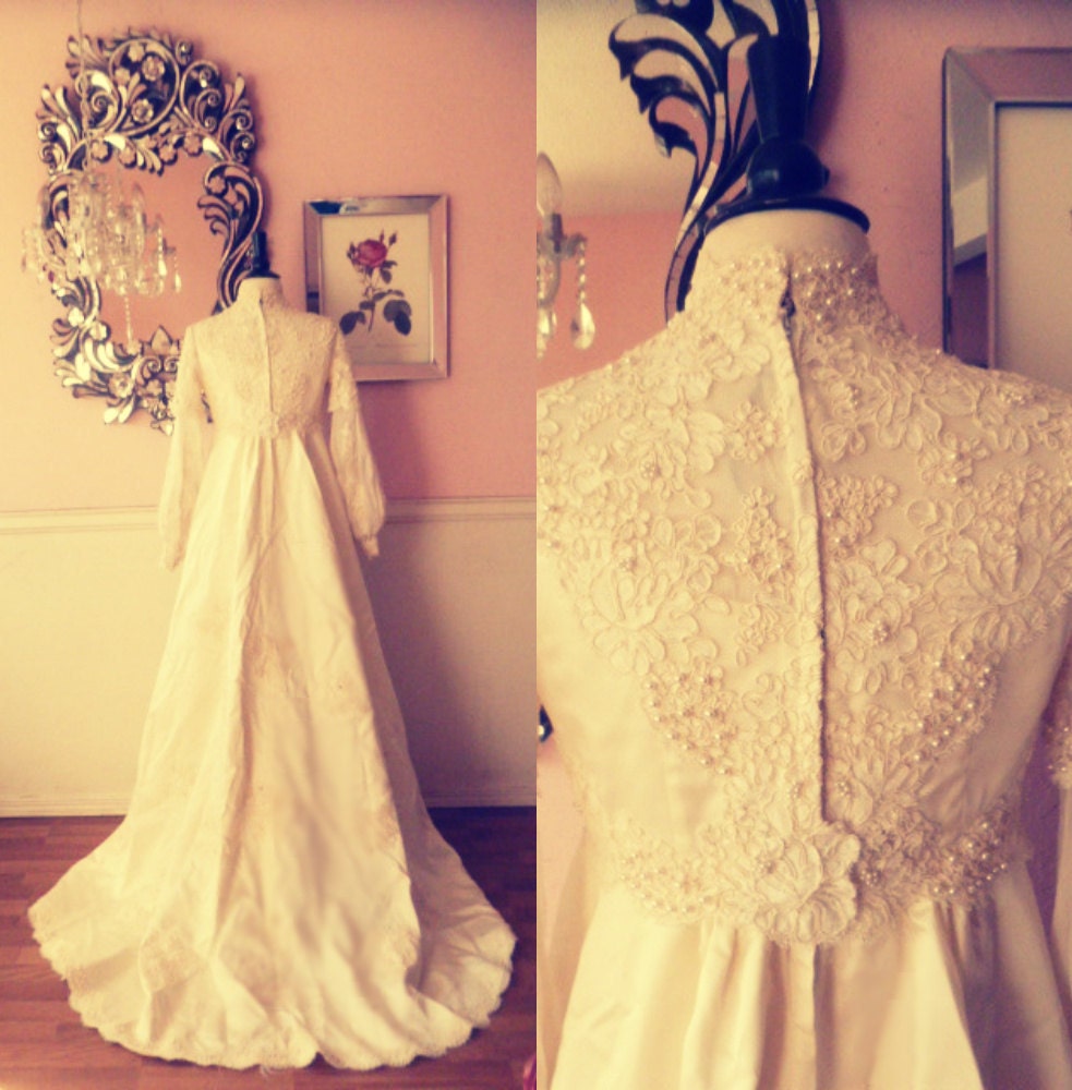 Romantic 1960's Edwardian Style Wedding Gown and Matching Cathedral Veil- Small