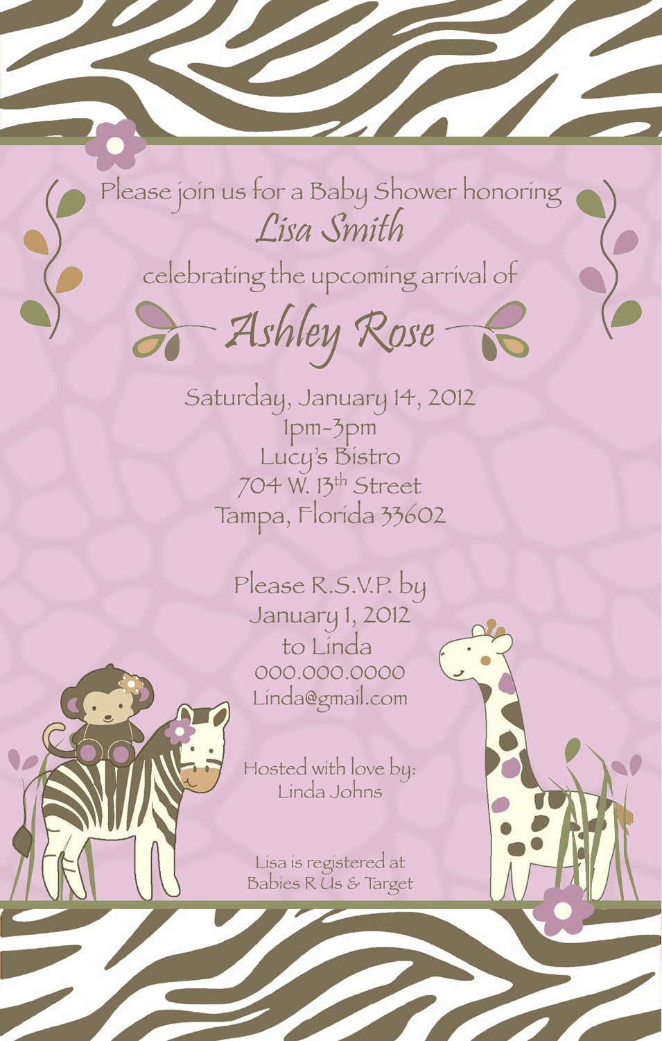 24 Printed CoCaLo Jacana Girl Baby Shower Invitation - Greeting Card Size - Pretty Purple Lavender Giraffe, Zebra, Monkey