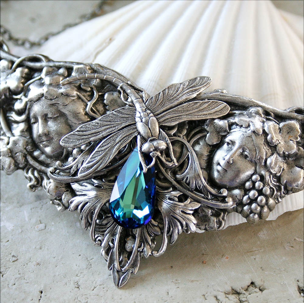 CELESTIAL PARADISE romantic Victorian fantasy antiqued silver and Swarovski crystal necklace