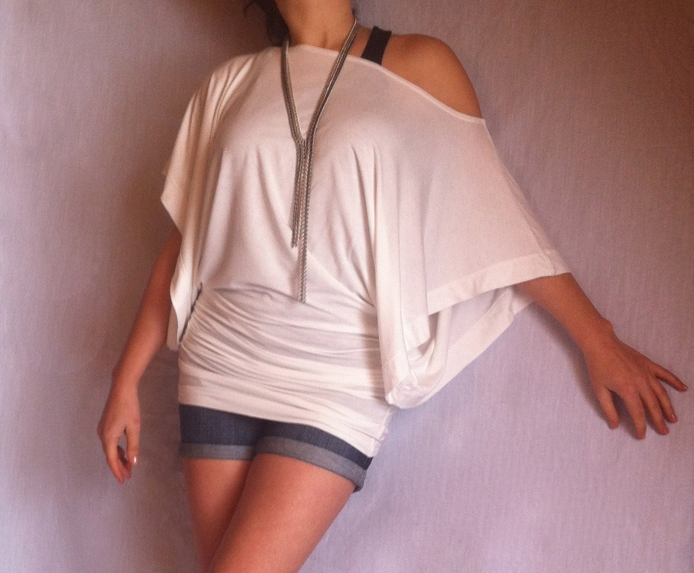 Wide Off Shoulder Blouse made from Soft Cotton with Elastane White Color