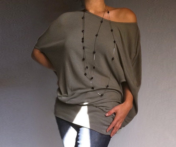 Wide Off Shoulder Blouse made from Green Color Soft Cotton blend of Elastane