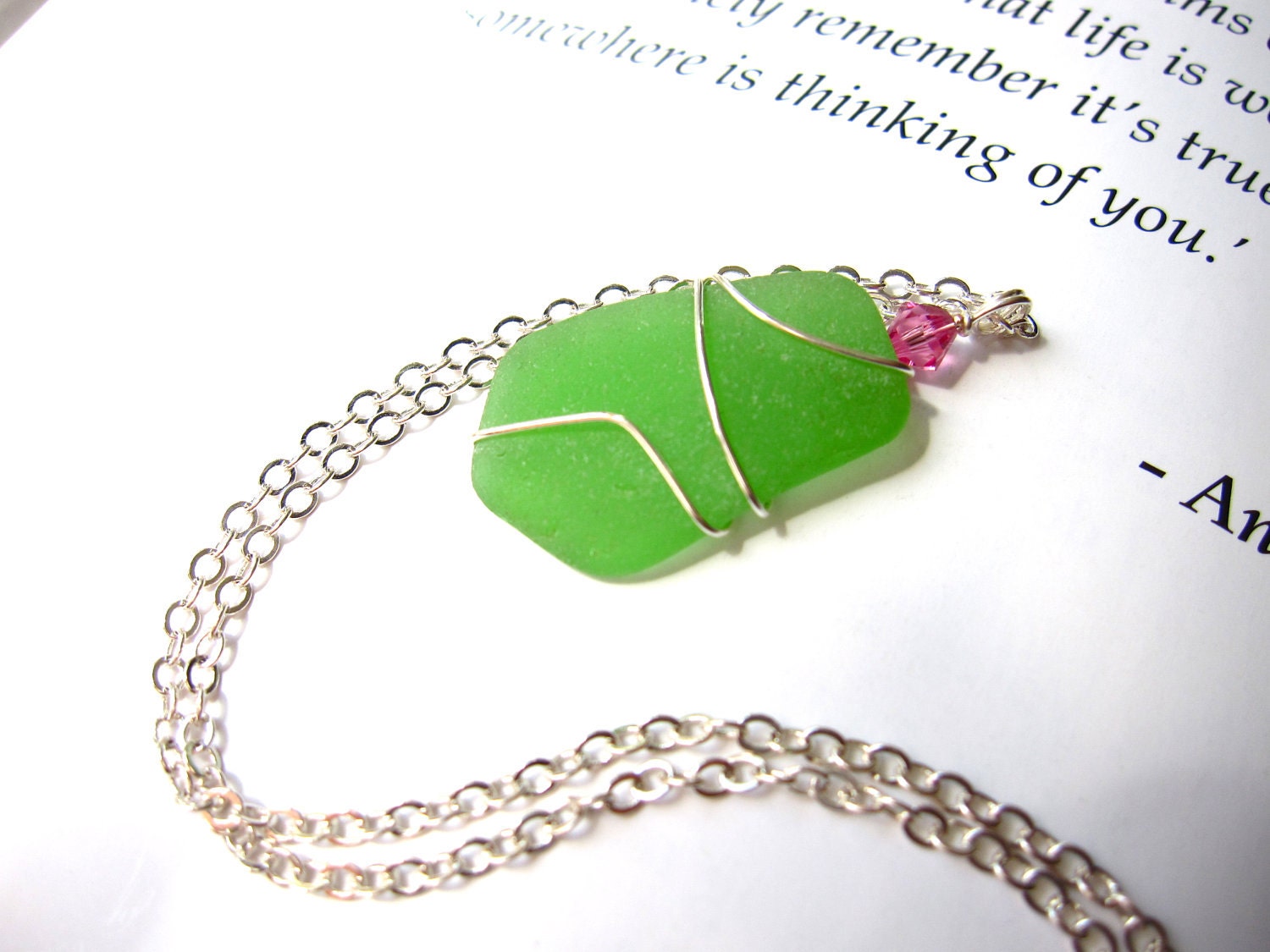 Juicy Green Sea Glass Jewelry Wire Wrapped Beach Glass Pendant in Emerald Green Sea Glass Necklace