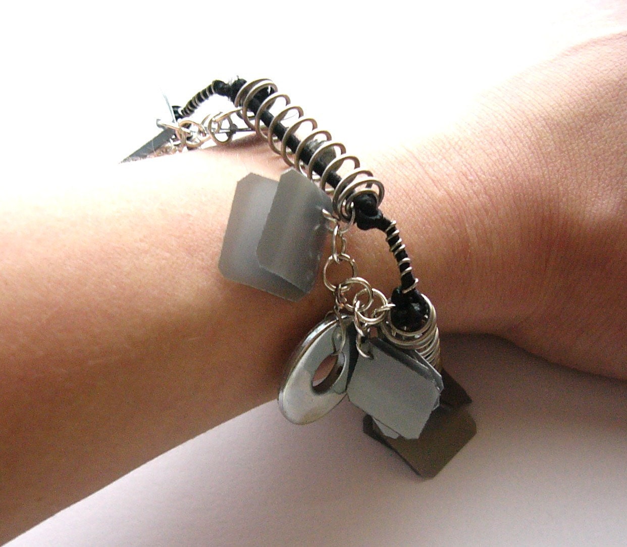 Industrial bracelet upcycled jewelry made of recycled plastic bottle, metal parts - steampunk, cyber, goth, ebm, eco friendly
