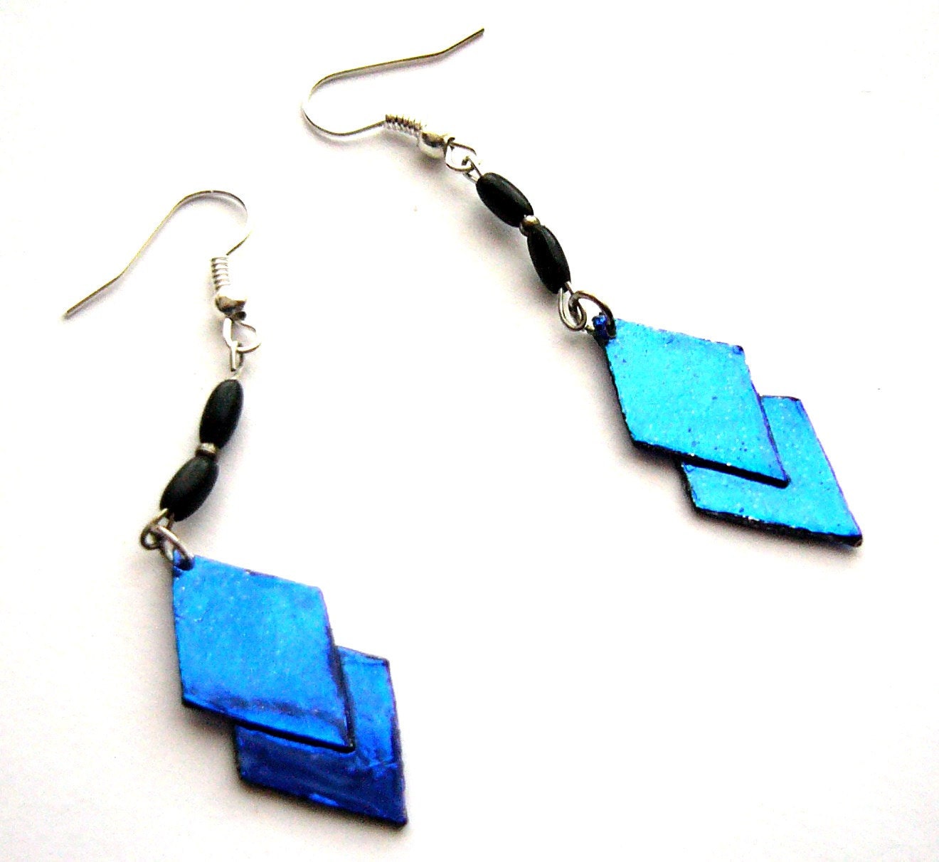 Dark blue shiny paper beads dangle earrings upcycled eco jewelry - with little black beads