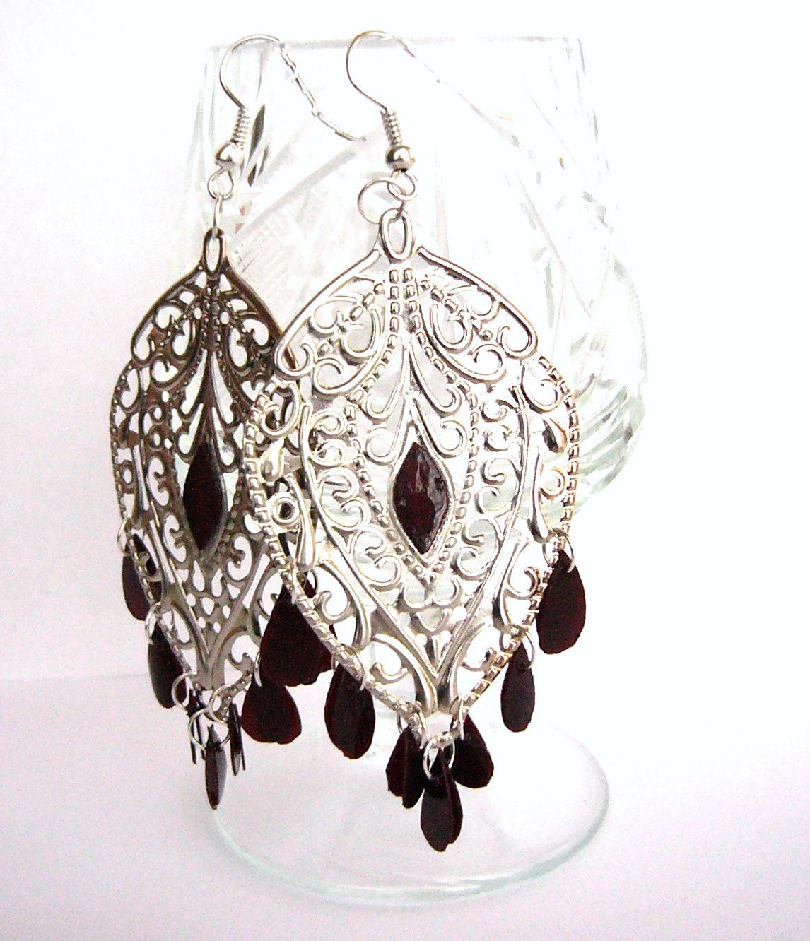 Upcycled jewelry chandelier gypsy earrings made of recycled plastic - boho, gothic, eco friendly, red & silver