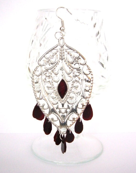 Upcycled jewelry chandelier gypsy earrings made of recycled plastic - boho, gothic, eco friendly, red & silver