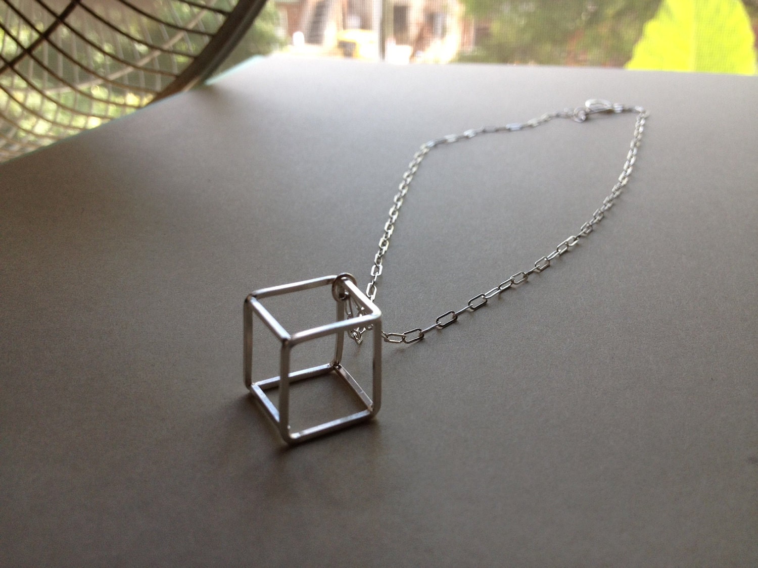 Solitary cube necklace, handmade sterling silver geometric 3d necklace