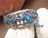 Upcycle Recycled Soda Can Tab Stretch Bracelet Blue with Aqua Blue Glass Bead