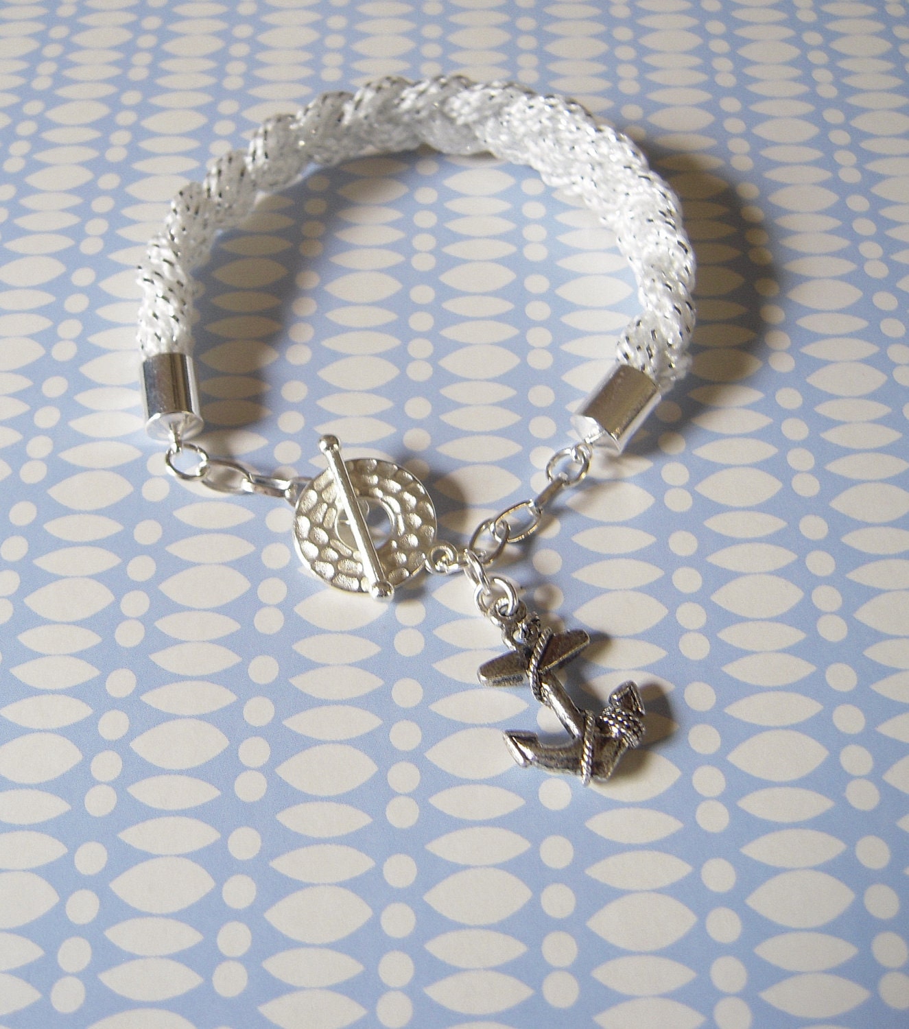 Nautical White and Silver Metallic Woven Bracelet - Silver Anchor Charm Cuff - Hand Braided Jewelry