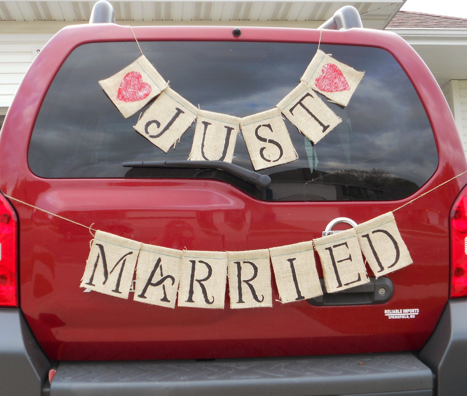 Just Married Brown Burlap Banner with Hearts for the Bride and Groom's Car