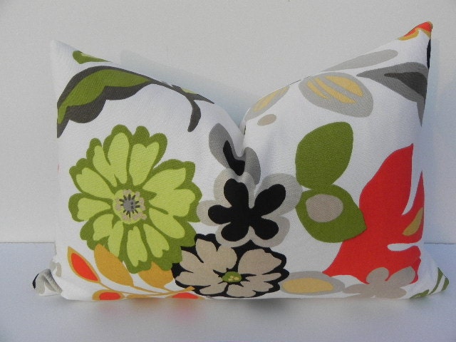 Floral Braemore Decorative Pillow Cover 14X20-Home Decor Fabric-Throw Pillow-Lumbar Pillow-White-Orange-Green