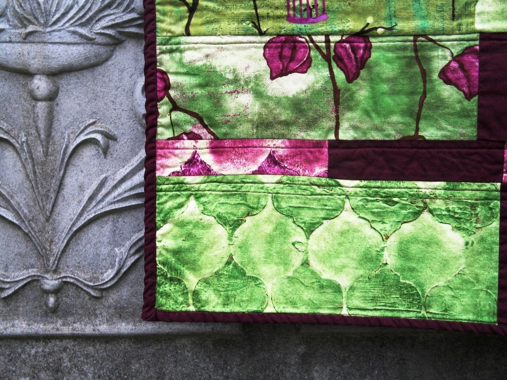 Modern Throw Quilt or Baby quilt, Laura Gunn Lantern Bloom in Green and Purple