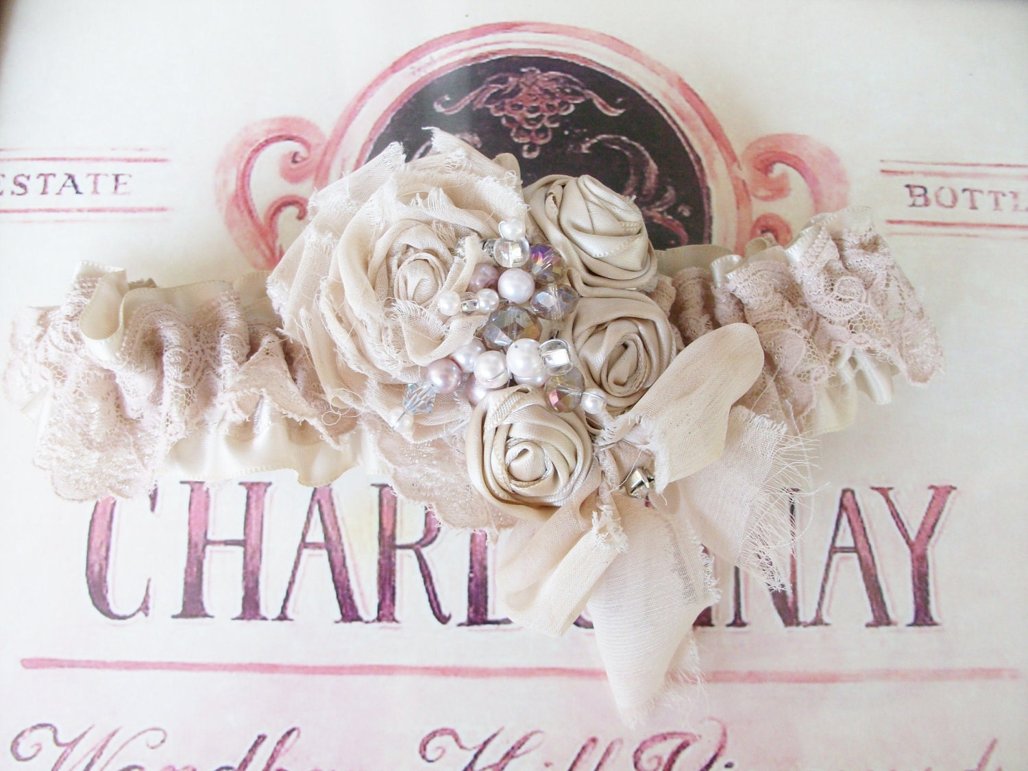 Wedding Garter and Toss/Vintage Style - Shabby Chic Wedding Garter with Pearls and Rhinestones- Tessie