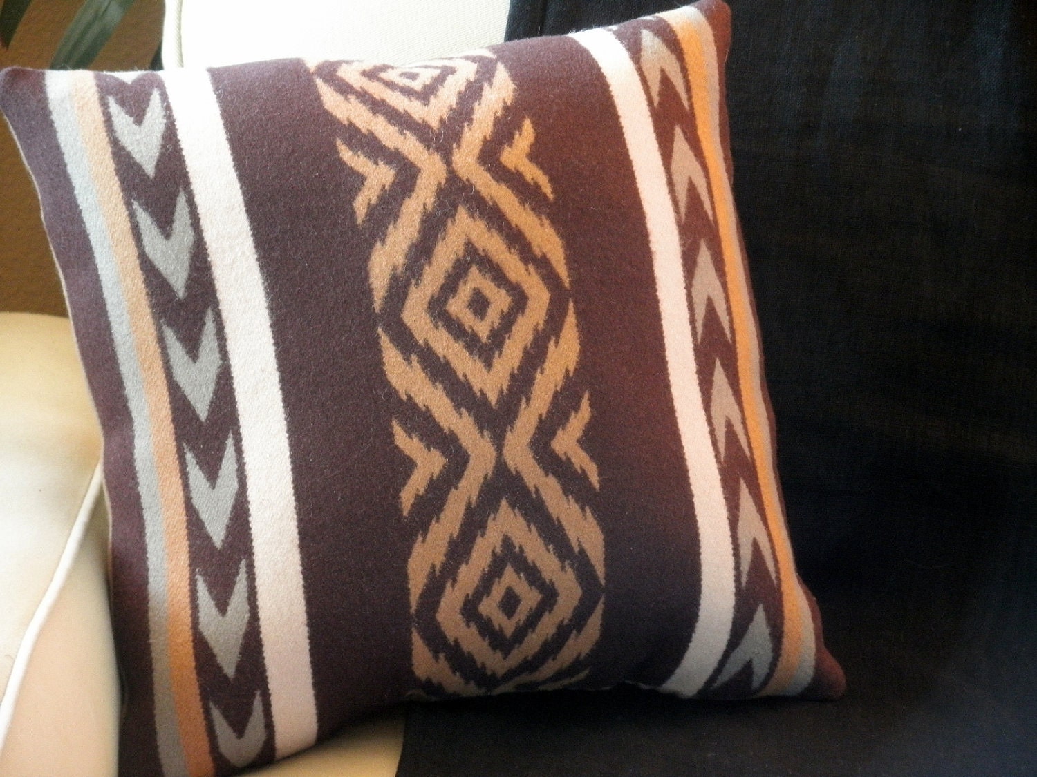 Native graphic pattern, Pendleton pillow, wool Blanket weight fabric, earth tones of brown and tan, 16 x 16