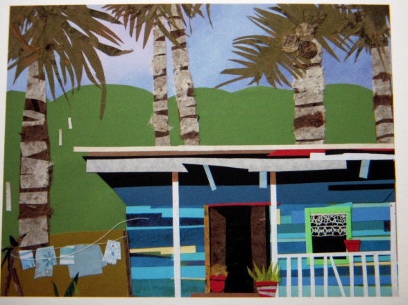 Jamaican House-colorful caribbean house - original collage, laundry, summer house, realistic collage