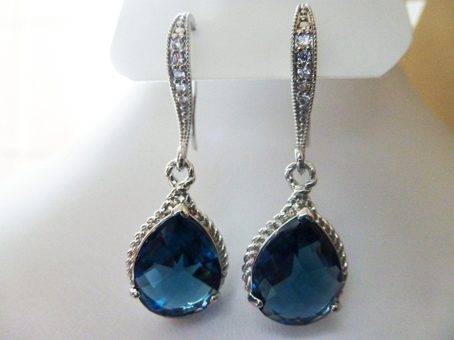 Sapphire Blue Jeweled Teardrop Earrings Silver