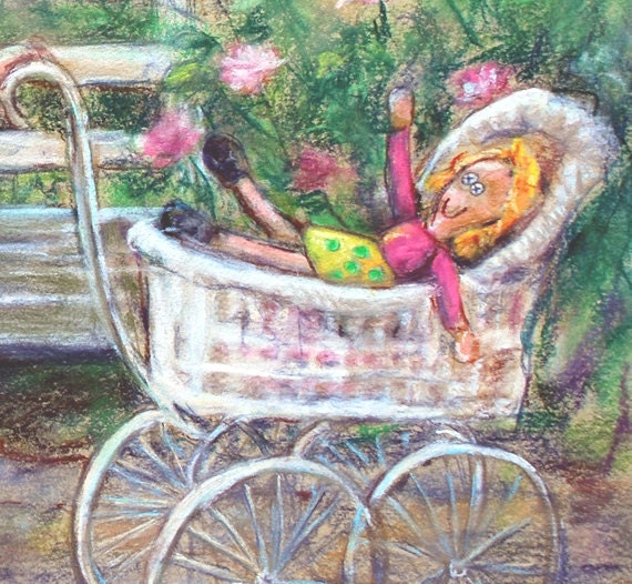 cat girl child print  kids pet pink green garden toddler art friends bench 8x10