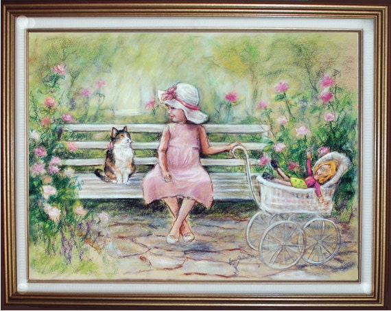 cat girl child print  kids pet pink green garden toddler art friends bench 8x10