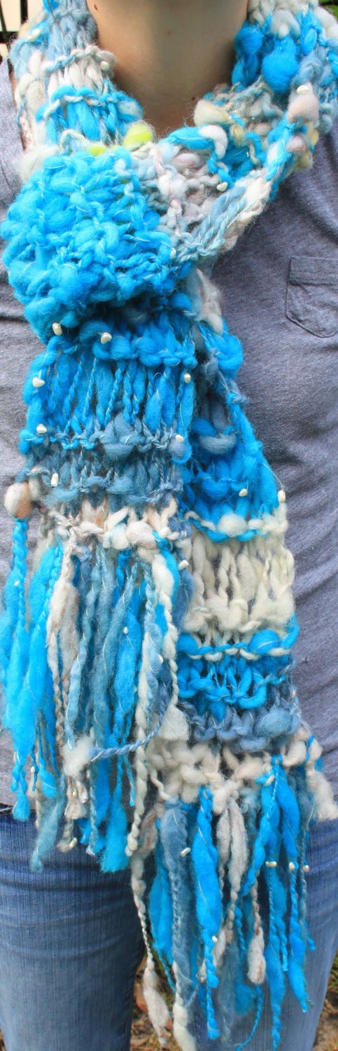 Hand Knit Scarf in Soft Blue Handspun , Bulky Super Soft Wool in Blue and White Yarn with Pearls