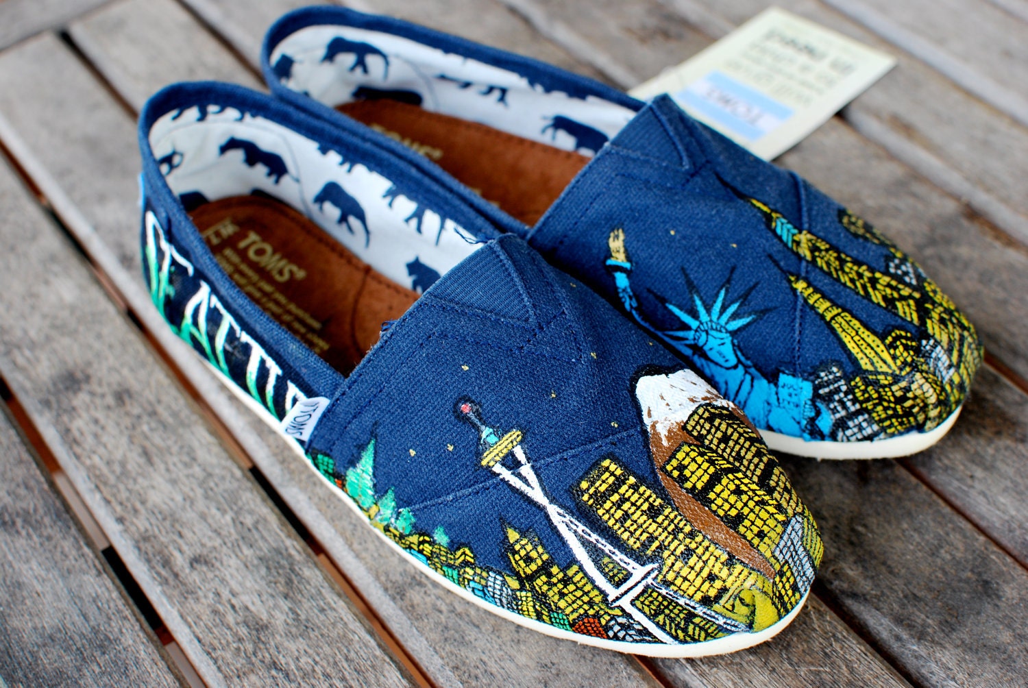 Seattle to New York City skyline hand painted custom TOMS shoes