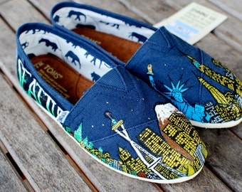 Seattle to New York City skyline hand painted custom TOMS shoes