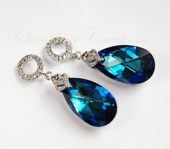 Blue bridal earrings - Swarovski Bermuda Blue crystals with white gold plated cz detailed posts FREE SHIPPING
