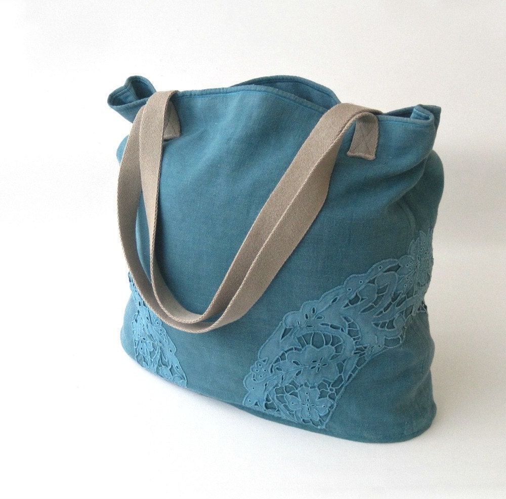 Teal linen and cotton lace TOTE BAG