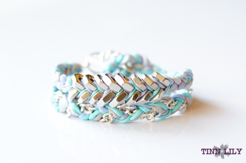 TINNLILY Blue Crush Silk Chain and Hex Nut Double Wrap Bracelet