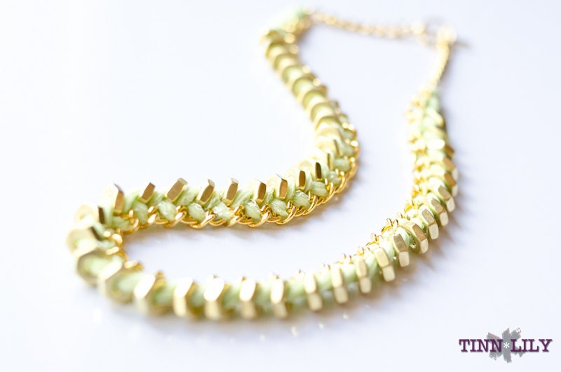 TINNLILY Mint Silk Hex Nut and Chain Woven Necklace
