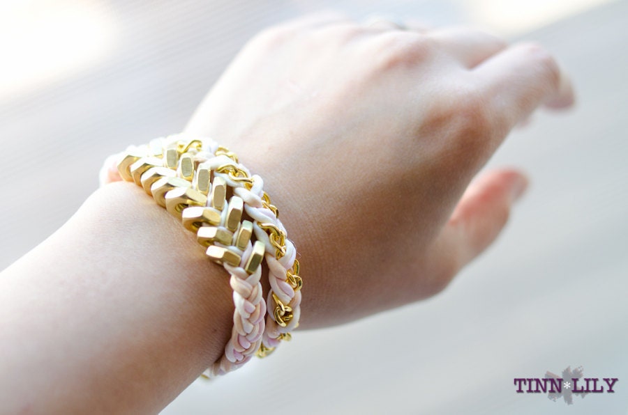 TINNLILY Silk Blush Chain and Hex Nut Double Wrap Bracelet