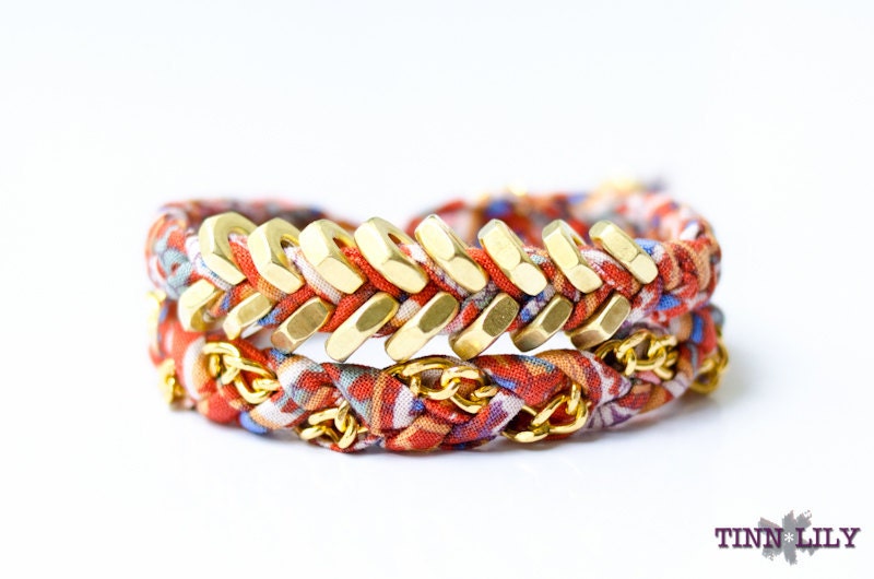 TINNLILY Tangerine Chain and Hex Nut Double Wrap Bracelet