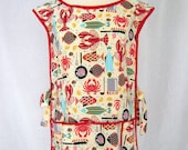 Beach Nautical Cobbler Apron Smock Apron with Lobsters, Crabs, Fish - Timeless Treasures Bistro Menu