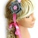 Gray, pink, crochet headband, with pink pearls and bow. multi purpose headband, neck band and cuff bracelet at the same time.