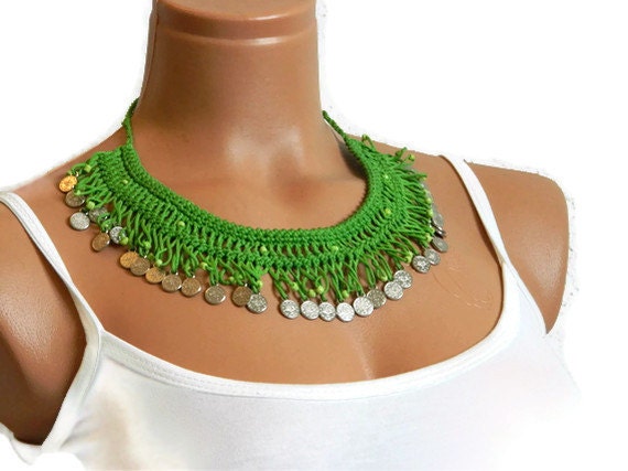 Handmade Green Bib necklace, Details of the Ottoman monogram metal circles, Turkish Mekik Oya Necklace, Summer Fashion Hand made Necklace...