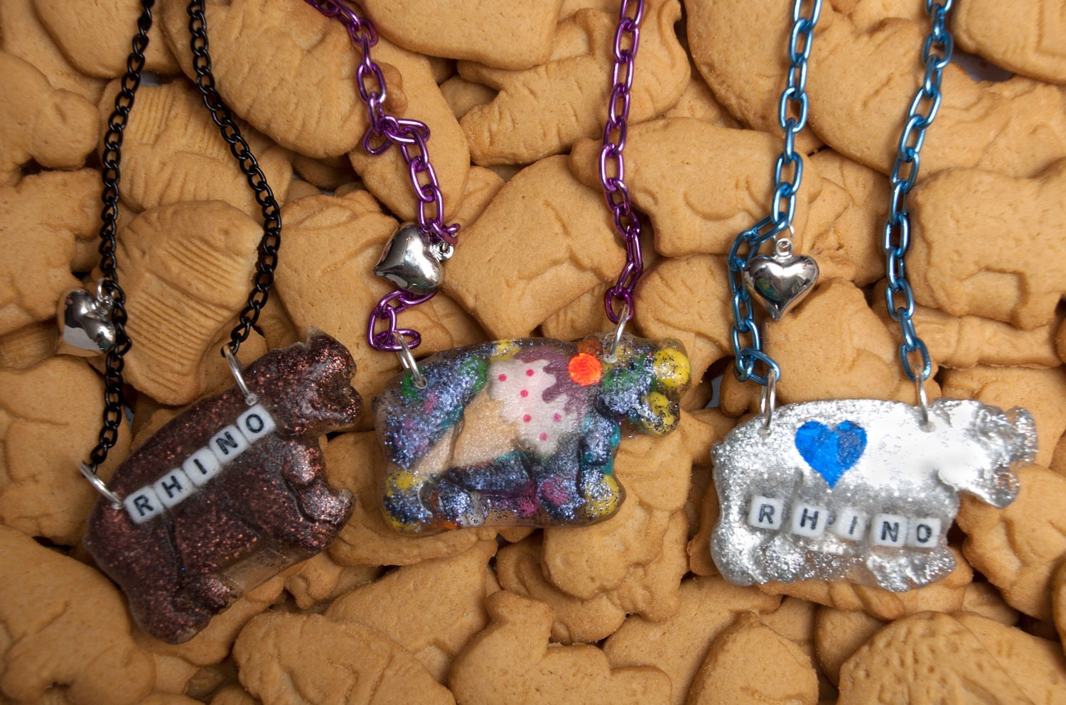 Yummy RHINO Animal Cracker Necklace with Resin and Glitter. Colorful Metal Chain and Heart Charm
