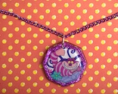 Grinning Cheshire Cat Necklace with Purple Chain and Glitter -- Resin