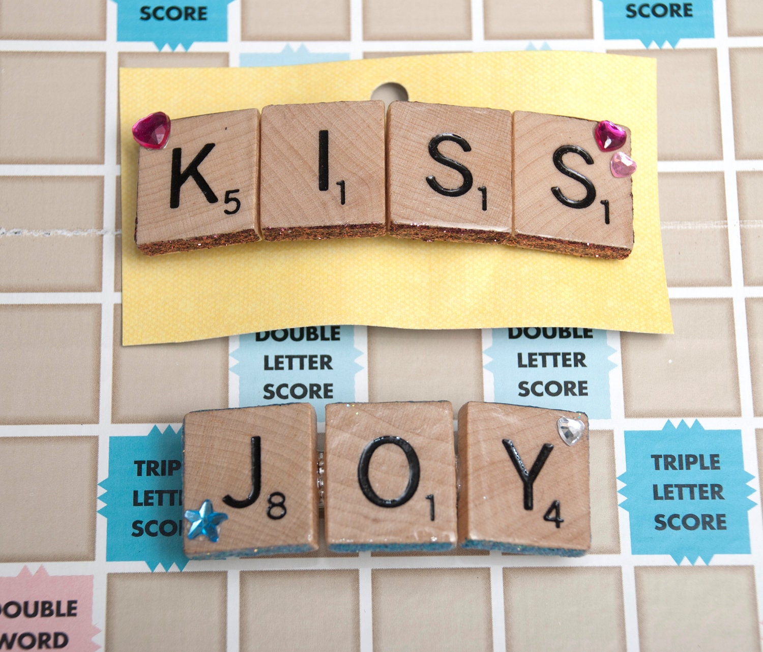 Scrabble Tile Hair Clip: Pink "Kiss" and Blue "Joy" with Glitter, Hearts and Stars
