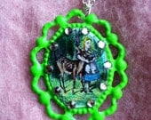 Alice with Deer--John Tenniel Illustration. Hand-colored, Crystals, Neon Green Metal Cameo with chain