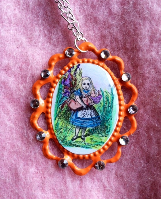 Alice with Baby Pig--John Tenniel Illustration. Hand-colored, Crystals, Bright ORANGE Metal Cameo with chain