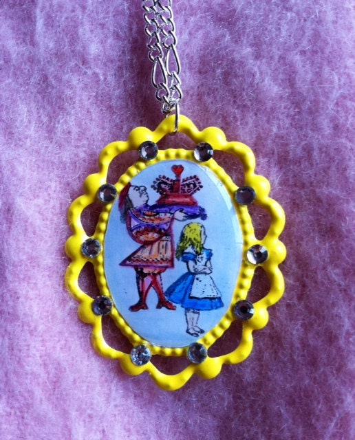 SALE Crowning Alice John Tenniel Illustration. Hand-colored, Crystals, bright YELLOW Metal Cameo with chain